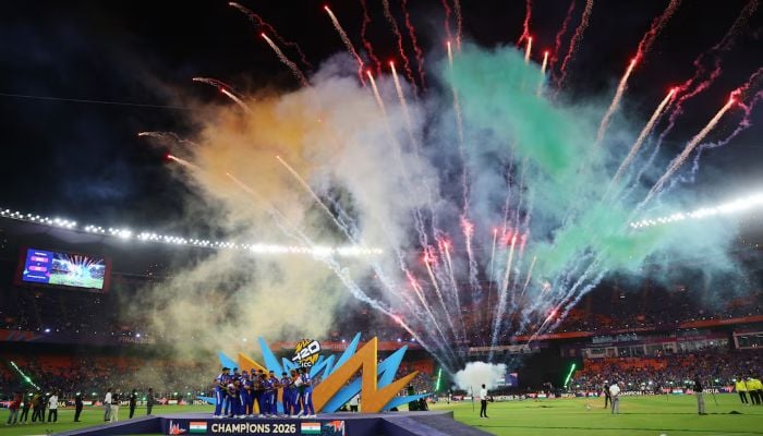 Indias Suryakumar Yadav lifts the trophy as he celebrates with teammates after winning the ICC Mens T20 World Cup 2026, Narendra Modi Stadium, Ahmedabad, India, March 8, 2026.  — Reuters