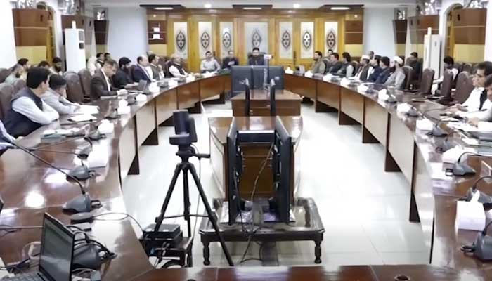 Khyber Pakhtunkhwa Chief Minister Sohail Afridi chairs cabinet meeting to review fuel conservation measures on March 9, 2026. — Screengrab via Facebook/@ImMuhammadSohailAfridi