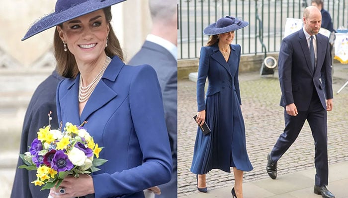 Kate steals the spotlight in 80s-inspired navy dress holding flowers