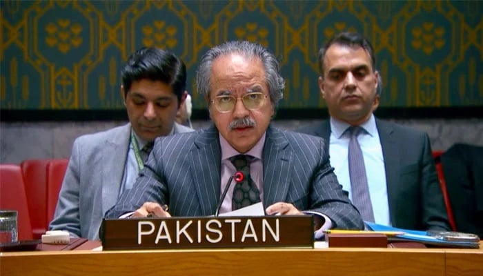 Pakistans Permanent Representative to the United Nations, Ambassador Asim Iftikhar Ahmad speaking he United Nations Security Council meeting on February 12, 2026. — X@PakistanUN_NY