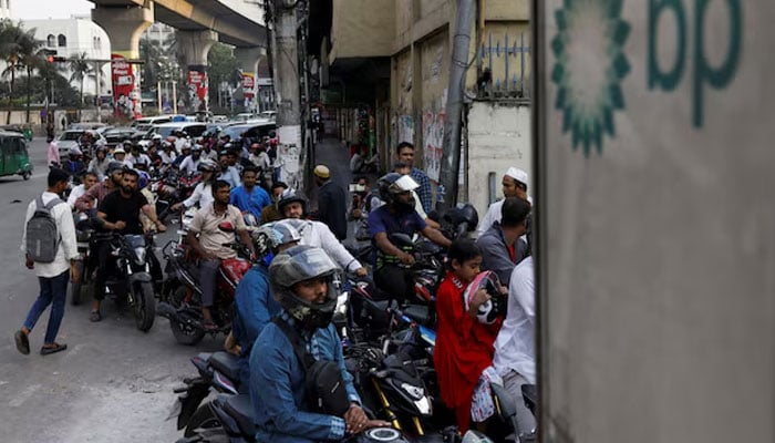 Vehicles queue at a fuel station, as concerns grow over fuel supplies following US-Israel conflict with Iran, in Dhaka, Bangladesh, March 6, 2026.— Reuters