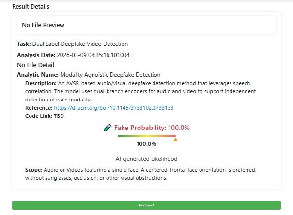 Screenshot of the University at Buffalo’s DeepFake O Meter analysis showing a 100% fake probability.