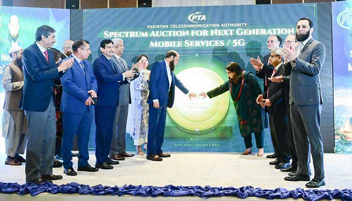 Federal ministers and officials attend opening ceremony of the Spectrum Auction for Next Generation Mobile Services/5G in Islamabad on March 10, 2026. — X/@MoitOfficial