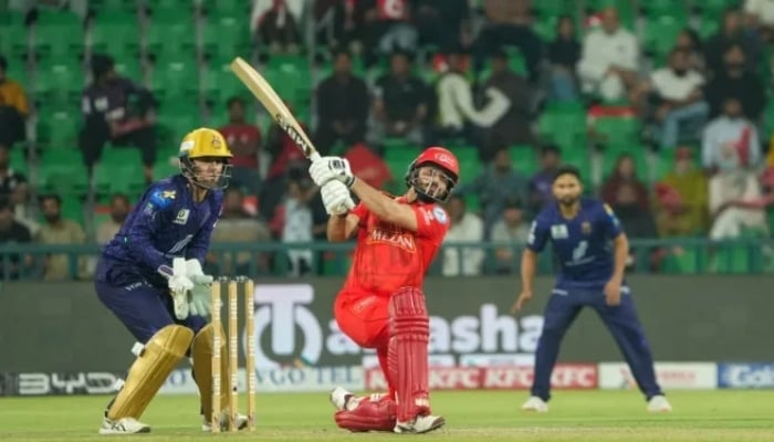 Mohammad Nawaz plays a shot during the Pakistan Super League (PSL) 10 matches between Islamabad United and Quetta Gladiators at the Gaddafi Stadium in Lahore on May 03, 2025. — PCB