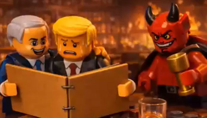 Toy renditions of Israeli Prime Minister Benjamin Netanyahu and US President Donald Trump, along with a devil looking at an album titled “The Epstein File”. — YouTube/screengrab/@SuppressedNws1