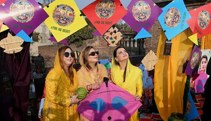 Provincial Minister of Punjab for Information and Culture Azma Bukhari (centre) attends the kite-flying Basant festival in Lahore on February 6, 2026. — AFP