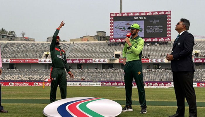 Pakistan captain Shaheen Afridi (centre) and his Bangladesh counterpart Mehidy Hasan Miraz (left) present for toss of the first of a three-match series at the Sher-E-Bangla National Cricket Stadium in Dhaka on March 11, 2026. — PCB