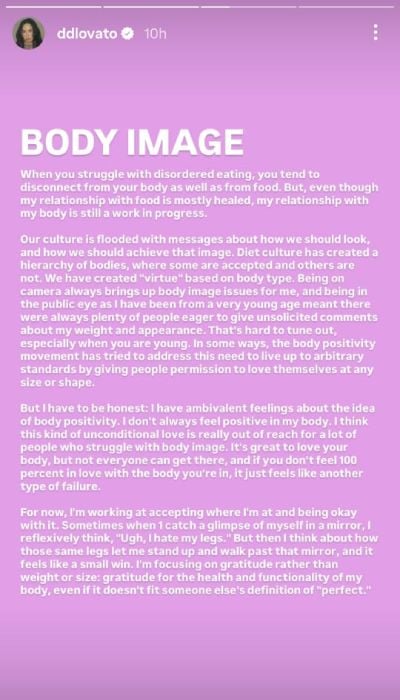 Demi Lovato explains why she has mixed feelings about body positivity