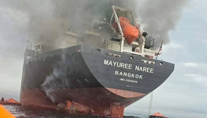 The Thailand-flagged cargo ship Mayuree Naree engulfed in black smoke in the Strait of Hormuz, March 11, 2026.— Reuters