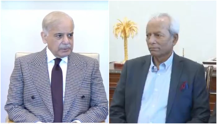 This collage shows PM Shehbaz Sharif (left) and PML-N leader Nehal Hashmi during a meeting at the PM’s Office in Islamabad, on March 12, 2026. — PMs Office