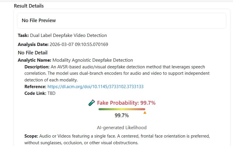 Screenshot of the University at Buffalo DeepFake o Meter analysis showing a 99.7% fake probability.