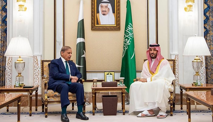 Prime Minister Shehbaz Sharif meets Saudi Crown Prince Mohammad Bin Salman at Mina Palace, in this image released on June 6, 2025. — X@CMShehbaz