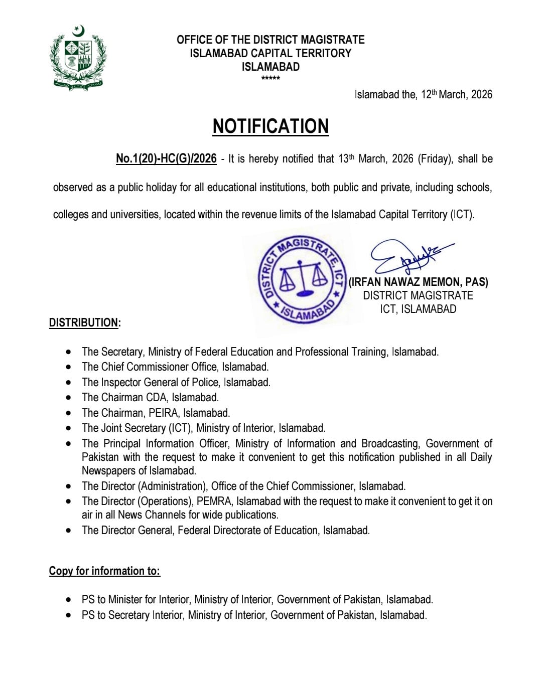 Islamabad schools to remain closed on Friday