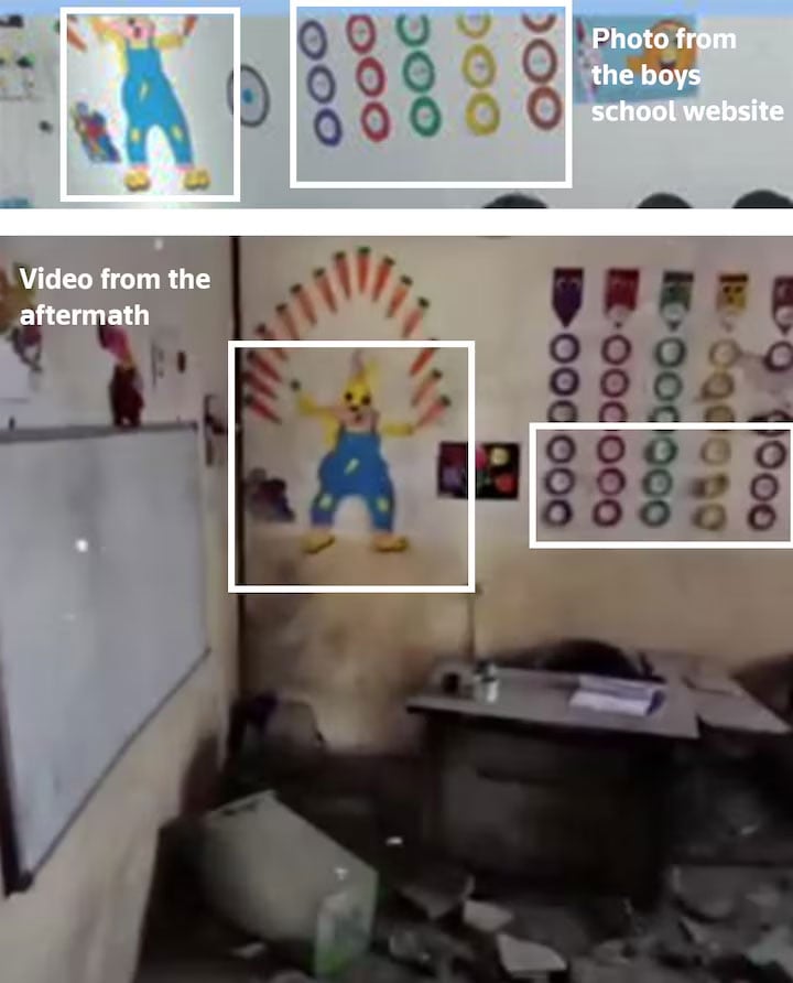 A photo from the boys school website and a video from the aftermath of the strike show similar posters on the classroom wall. — Reuters via boys school website/Telegram