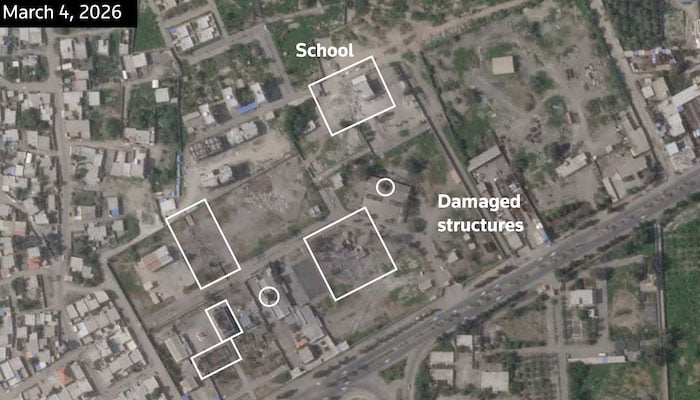 A satellite image, annotated by Reuters, shows the Shajareh Tayyebeh girls’ school in Minab and other structures damaged after being struck on February 28, 2026. — Reuters