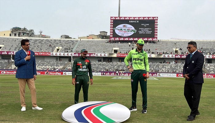 Pakistan captain Shaheen Afridi (second right) and his Bangladesh counterpart Mehidy Hasan Miraz (second left)  present for toss of second ODI at the Shere Bangla National Stadium in Dhaka on March 13, 2026. — PCB