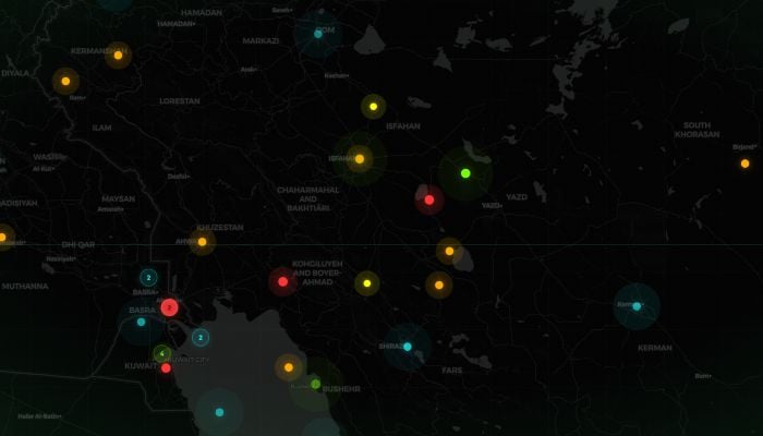 Image shows AI dashboard showing the Middle East. March 13, 2026. — world-monitor.com