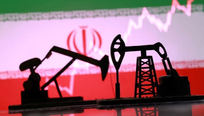 3D-printed oil pump jacks, Iranian flag, and a rising stock graph appear in this illustration taken March 2, 2026. — Reuters