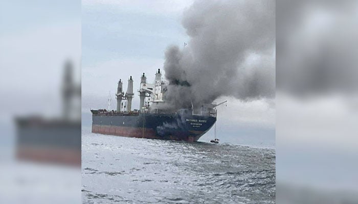 The Thailand-flagged cargo ship Mayuree Naree engulfed in black smoke in the Strait of Hormuz, March 11 on 2026. — Reuters