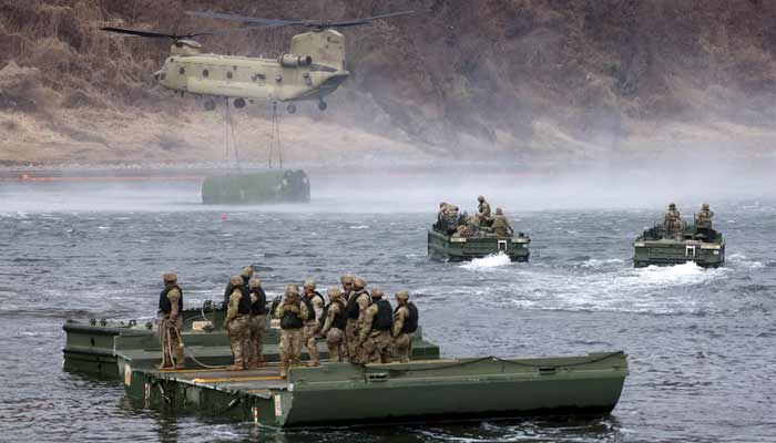 US Army soldiers take part in a US-South Korea joint river-crossing exercise, which is a part of the annual Freedom Shield joint military training, near the demilitarised zone separating South and North Korea, in Yeoncheon, South Korea, March 14, 2026.— Reuters