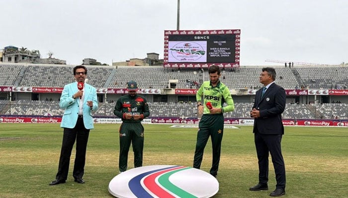 Pakistans captain Shaheen Shah Afridi and Bangladeshs skipper Mehidy Hasan Miraz pictured during toss for 3rd ODI on March 15, 2026. — PCB