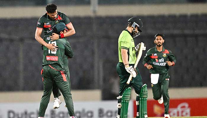 Bangladeshs Taskin Ahmed (L) reacts after the dismissal of Pakistans Salman Agha (R) during the third one-day international (ODI) cricket match between Bangladesh and Pakistan at Sher-e-Bangla National Stadium in Mirpur on March 15, 2026. — AFP