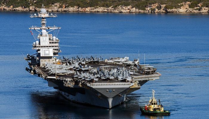 The US Navy aircraft carrier USS Gerald R Ford departs Souda Bay on the island of Crete on February 26, 2026. — AFP