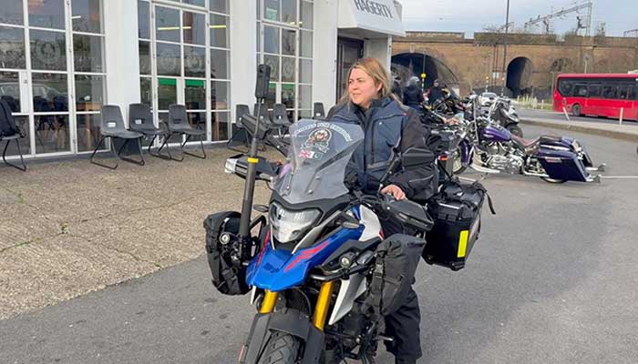 British-Pakistani biker Guliafshan Tariq becomes first woman to ride from London to Lahore. — Reporter