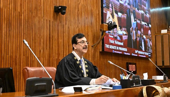 Senate Chairman Yousaf Raza Gilani chairs a Senate session chairs a Senate session in Islamabad on March 5, 2026. — X@SenatePakistan
