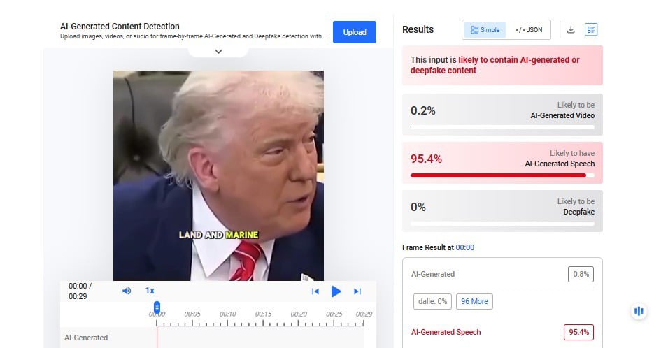 Hive Moderation indicates a high probability that the audio was generated using AI tools.
