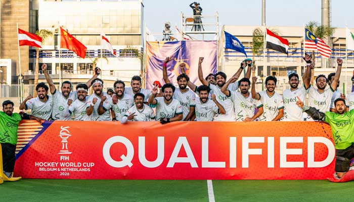 Pakistan players celebrate qualifying for the FIH Hockey World Cup 2026 after beating Japan in the semi-final of the Qualifiers at the SCA Hockey Stadium in Ismailia on March 6, 2026. — FIH