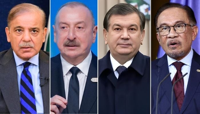 (Left to right) This collage shows undated photos Prime Minister Shehbaz Sharif, Azerbaijan President Ilham Aliyev, Uzbekistan President Shavkat Mirziyoyev, and Malaysian PM Anwar Ibrahim. — Reuters