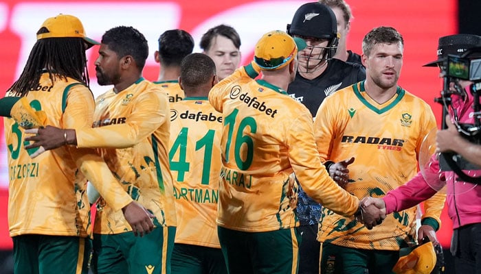 South Africa players celebrate their win in the fourth Twenty20 international cricket match between New Zealand and South Africa in Wellington on March 22, 2026. — AFP