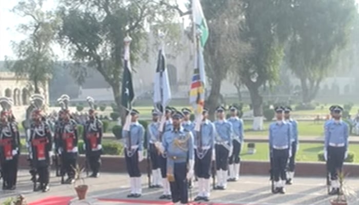 Change of guard ceremony being held at the mausoleum of Allama Iqbal in Lahore with Pakistan Air Force (PAF) contingent taking over the duties, Lahore, Punjab, March 23, 2026. — Screengrab via YouTube/Geo News