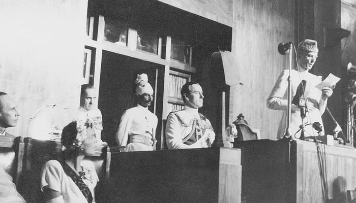 The Founder of Pakistan, Quaid-i-Azam Muhammad Ali Jinnah, delivering his famous presidential address to the Constituent Assembly of Pakistan on August 11, 1947. — The News/File