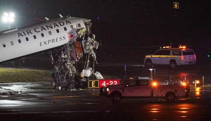 Damage to an Air Canada Express jet that had collided with a ground vehicle at New Yorks LaGuardia Airport in Queens, New York, US, March 23, 2026. — Reuters