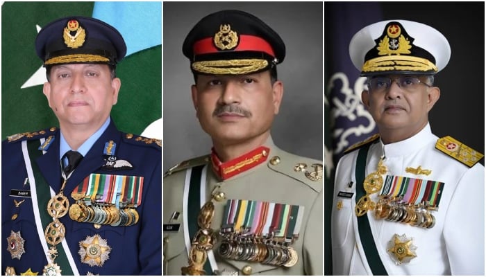 (From left) Chief of the Air Staff Air Chief Marshal Zaheer Ahmed Baber Sidhu, Chief of Army Staff and Chief of Defence Staff Field Marshal Syed Asim Munir and Chief of the Naval Staff Admiral Naveed Ashraf. — ISPR/File