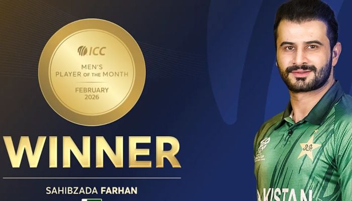 Pakistan opener Sahibzada Farhan has been named the ICC Mens Player of the Month for February 2026. — ICC
