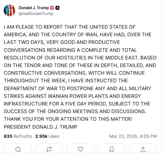 Trump puts off threat to bomb Iran power grid, Iranian agency denies report of talks