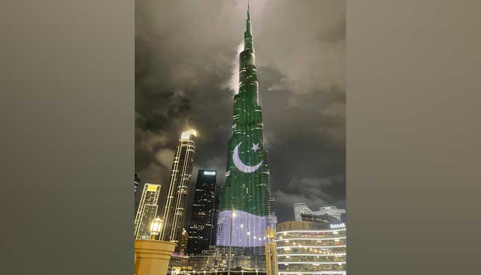 World’s tallest building displaying the colours of the Pakistani flag to mark Pakistan Day on March 23, 2026. — Reporter
