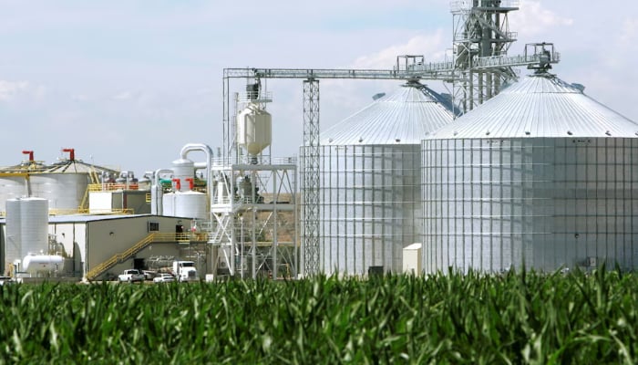 An ethanol plant with its giant corn silos next to a cornfield in Windsor, Colorado July 7, 2006. — Reuters