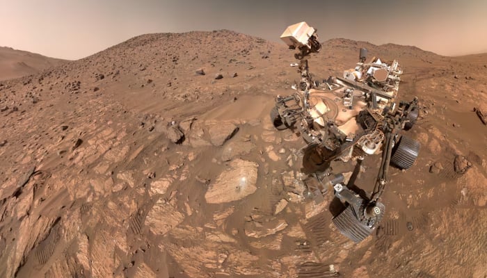 A selfie taken by Nasas Perseverance Mars rover, made up of 62 individual images, on July 23, in this image released on September 10, 2025. — Reuters