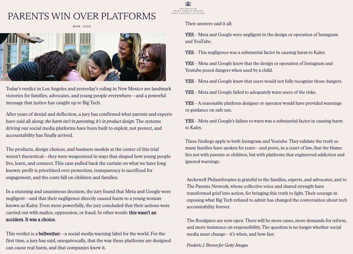 Prince Harry, Meghan release statement after landmark win for children