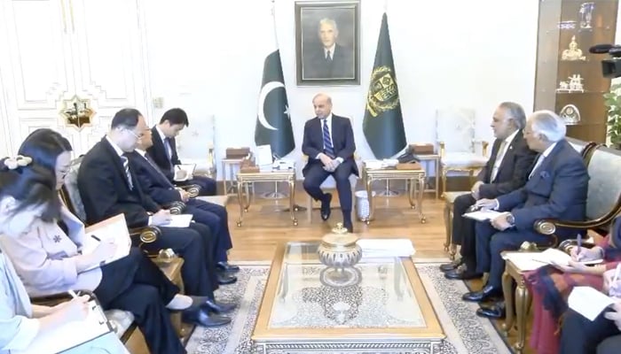 Prime Minister Shehbaz Sharif meets Chinese Ambassador Jiang Zaidong at Prime Ministers House, Islamabad, March 26, 2026. — Screengrab via video/X/@PakPMO