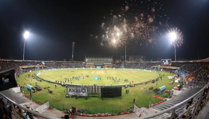 Fireworks loom over Gaddafi Stadium ahead of the Pakistan Super League (PSL) 8 opener between Lahore Qalandars and Multan Sultans in Lahore on March 18, 2023. - PCB