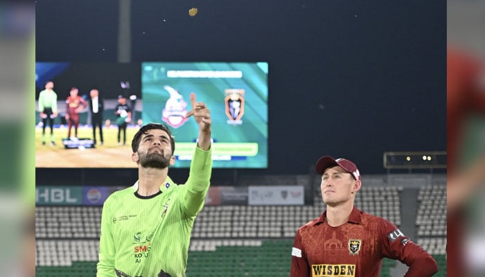 Lahore Qalandars captain Shaheen Shah Afridi (left) and Hyderabad Kingsmen skipper Marnus Labuschagne during the toss for the Pakistan Super League (PSL) 11 match at Gaddafi Stadium, Lahore, on March 26, 2026. — X/@HHKingsmen