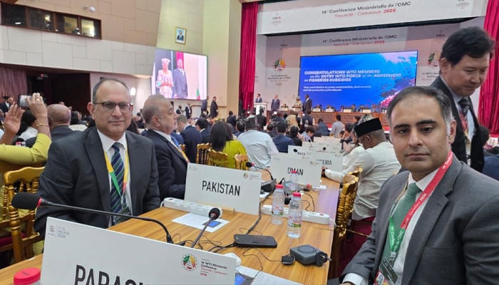 Minister of State for Finance and Railways Bilal Azhar Kayani (right) attends the 14th Ministerial Conference of the World Trade Organisation (WTO) in Cameroon. — PID