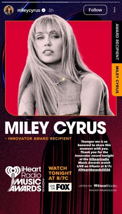 Miley Cyrus dedicates iHeartRadio Innovator Award to Hannah Montana