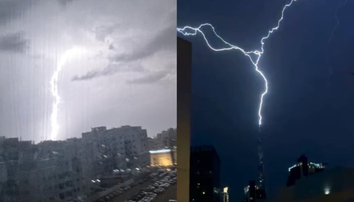 A collage of screengrabs taken from videos of lightening strikes in the UAE. — Reporter