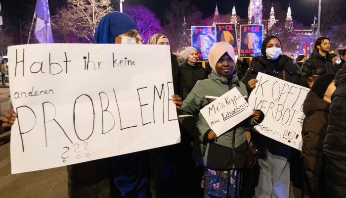 Hundreds of demonstrators attend a protest, organised by coalition of 20 civil society organisations in Austria, against the headscarf ban in schools, in Vienna, Austria, on February 13, 2026. — AFP